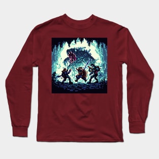 A group of adventurers fighting a monster in a cave pixel art Long Sleeve T-Shirt